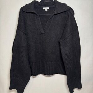 TOPSHOP Black Collared V Neck Chunky Knit Heavy Sweater Oversized Fit Minimalist